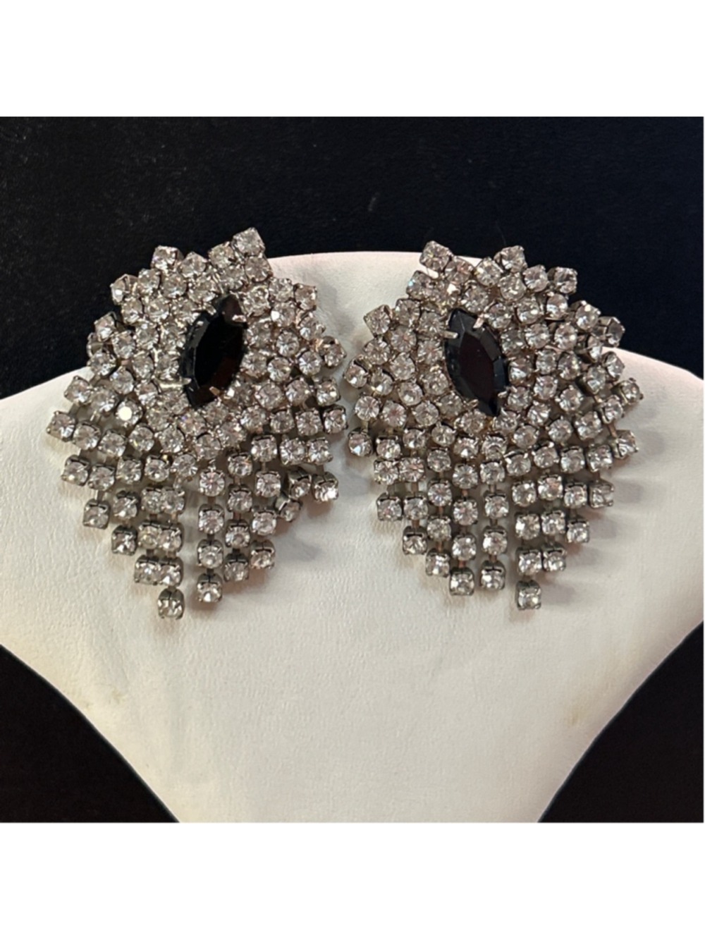 Vintage MCM RHINESTONE CLUSTER EARRINGS W/ Black Accent Stone In Center
